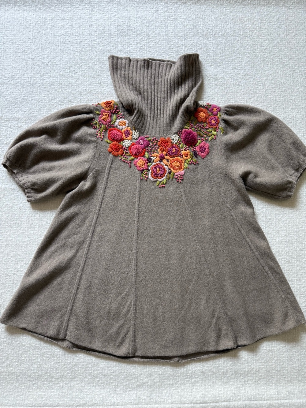 Knitted & Knotted Embroidered Floral Taupe Knit Turtleneck Sweater Top - Size XS